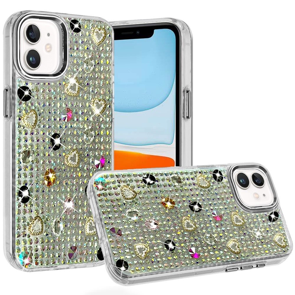Phone Case for Apple iPhone 11 Chrome Fashion Hybrid Bling Diamond Heart Rhinestone Decorative Stones Sparkling Embellished Design Cover