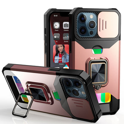 For Apple iPhone 16e Wallet Case with Ring Stand & Slide Camera Cover Back Credit Card Slot Holder, Military Grade Case Cover Rose Gold
