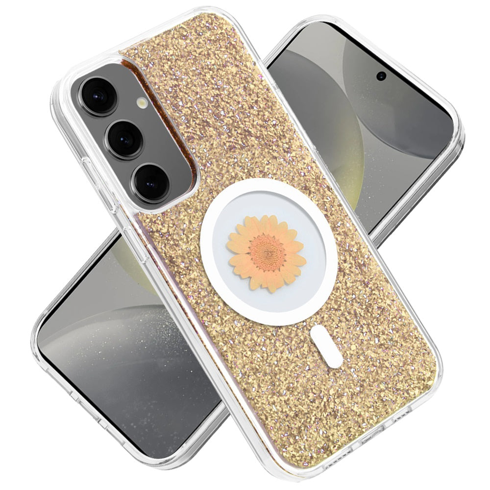 For Samsung Galaxy S25 Ultra MagSafe Compatible Glitter Flower Epoxy Hybrid Slim TPU Case, Magnetic Circle Design, Sparkly Bling Protective Case Cover