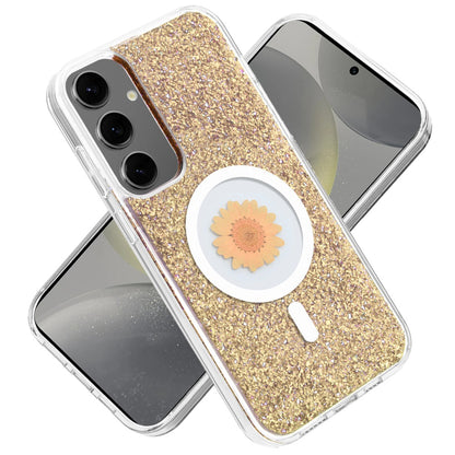 For Samsung Galaxy S25 /S24 MagSafe Compatible Glitter Flower Epoxy Hybrid Slim TPU Case, Magnetic Circle Design, Sparkly Bling Protective Case Cover