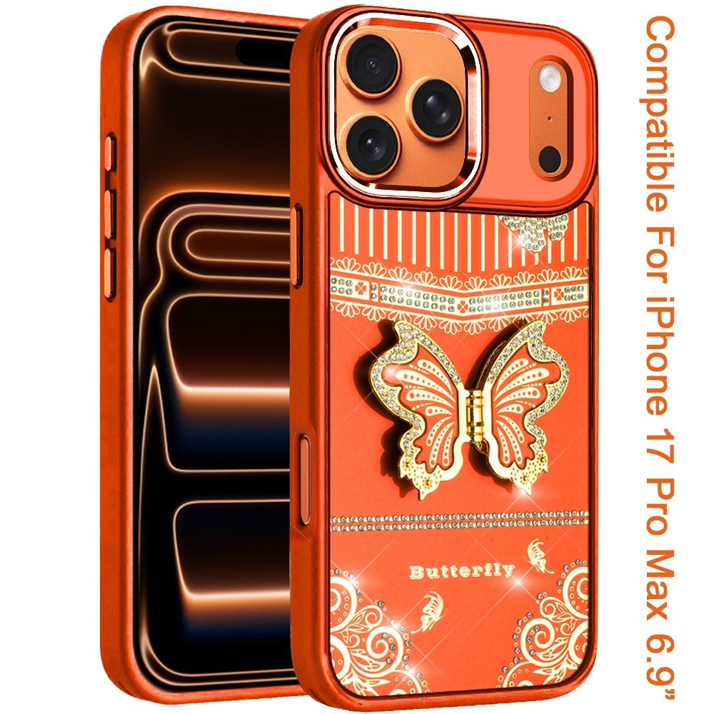 Phone Case for Apple iPhone 17 Pro Max (6.9") Glitter Bling Butterfly Stand Metallic Edge Hybrid Shockproof Grip Durable Camera Protection Stylish Design Cover