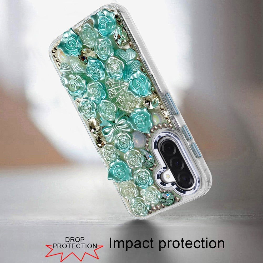 Phone Case for Samsung Galaxy A27 3D Flower Bling Rhinestone Glitter Cute Stylish Shockproof Protective Decorative Luxury Grip Stones Ornaments Cover