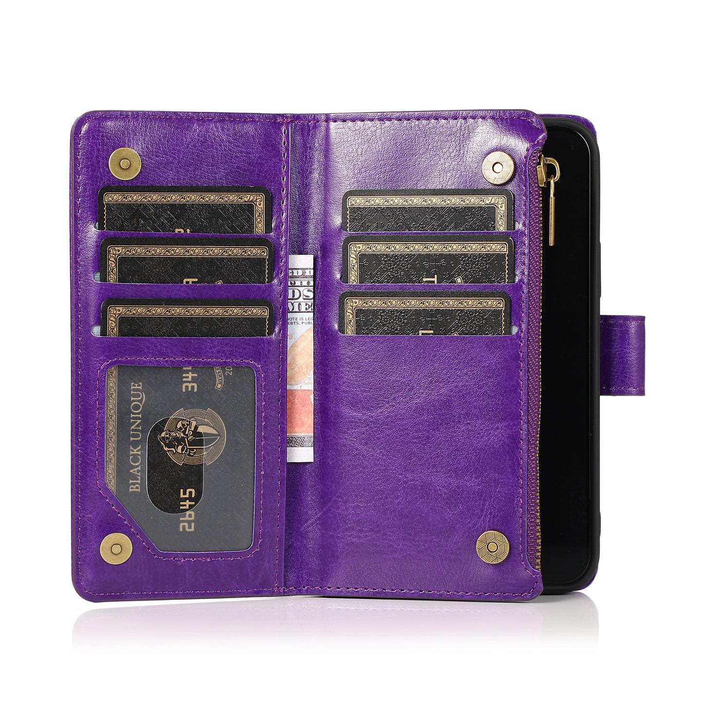 For Apple iPhone 16 Pro Max (6.9") Leather Zipper Wallet Case 9 Credit Card Slots Cash Money Pocket Clutch Pouch Stand & Strap Case Cover Purple