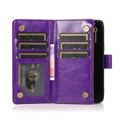 For Apple iPhone 16 Pro Max (6.9") Leather Zipper Wallet Case 9 Credit Card Slots Cash Money Pocket Clutch Pouch Stand & Strap Case Cover Purple
