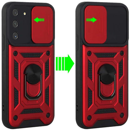 For Samsung Galaxy S21 Hybrid Case with Slide Camera Lens Cover, Ring Kickstand, Heavy-Duty Dual Layer TPU, Fit Magnet Car Mount Case Cover Red