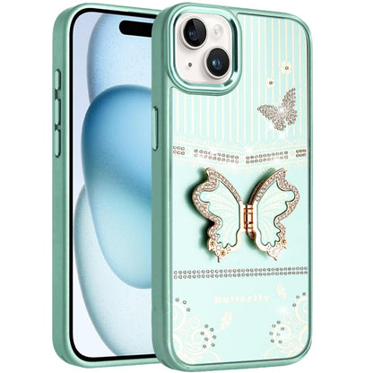 Phone Case for iPhone 15 (6.1") Glitter Bling Butterfly Stand Metallic Edge Hybrid Shockproof Grip Durable Camera Protection Stylish Design Cover Teal