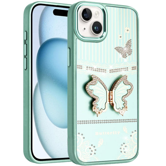 Phone Case for iPhone 15 (6.1") Glitter Bling Butterfly Stand Metallic Edge Hybrid Shockproof Grip Durable Camera Protection Stylish Design Cover Teal