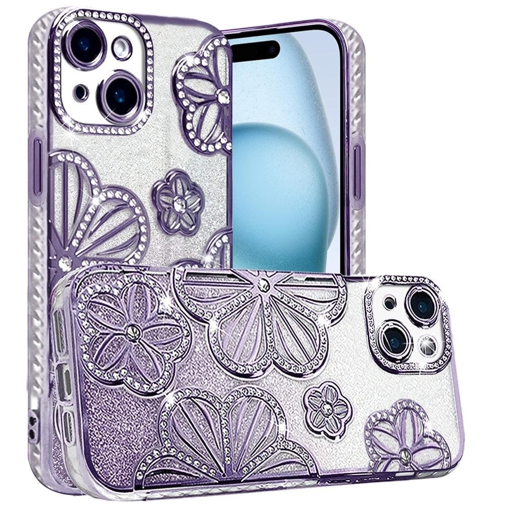 Phone Case for Apple iPhone 15 Plus Shimmer Glitter Floral Thick TPU Shockproof Durable Grip Camera Protection Anti-Scratch Stylish Design Cover