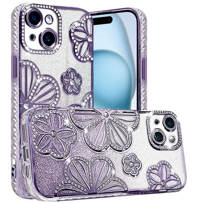 Phone Case for Apple iPhone 15 Plus Shimmer Glitter Floral Thick TPU Shockproof Durable Grip Camera Protection Anti-Scratch Stylish Design Cover