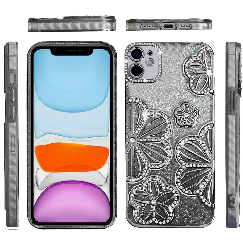 For Apple iPhone 11 Luxury Flower Design Sparkle Glitter Diamond Rhinestone Shimmer Bling Plating Thick TPU Hard PC Case Cover