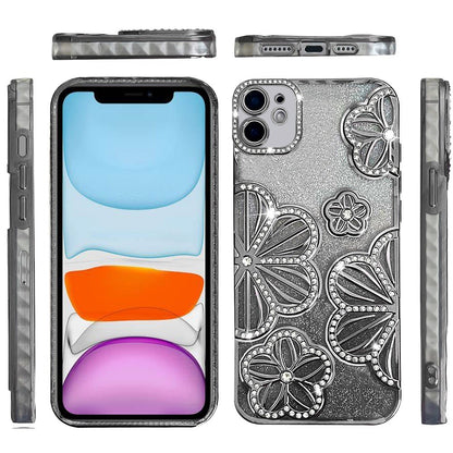 For Apple iPhone 11 Luxury Flower Design Sparkle Glitter Diamond Rhinestone Shimmer Bling Plating Thick TPU Hard PC Case Cover