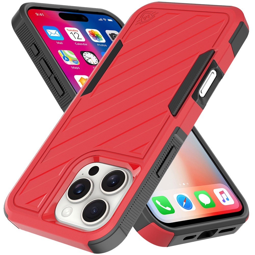 For iPhone 16 (6.1") Hybrid lined shockproof dual layer Rugged 2in1 Hard PC & Silicone TPU Non Slip Textured Tough Armor Case Cover Red+Black