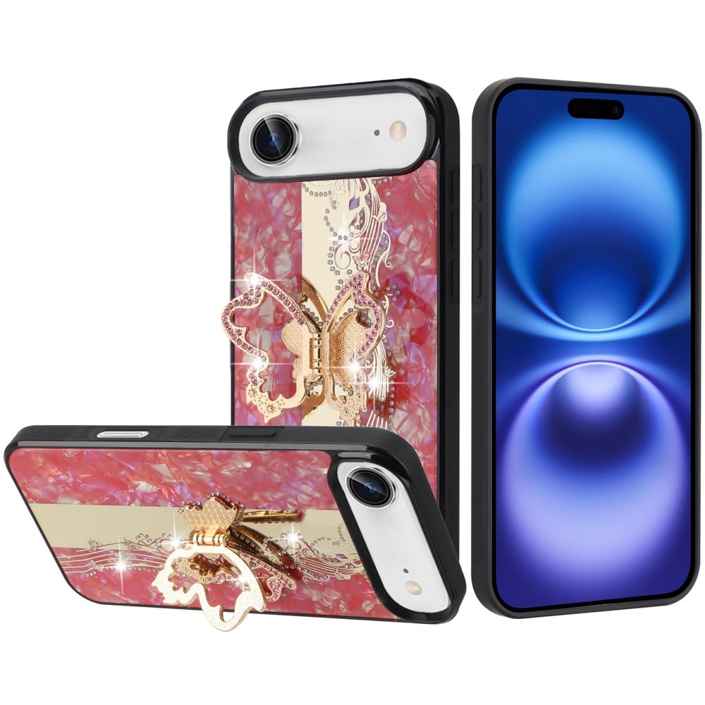 For Apple iPhone 17 Air (6.6") Diamonds 3D Fashion Bling Sparkly Glitter Ornaments Engraving Hybrid with Ring Stand Case Cover