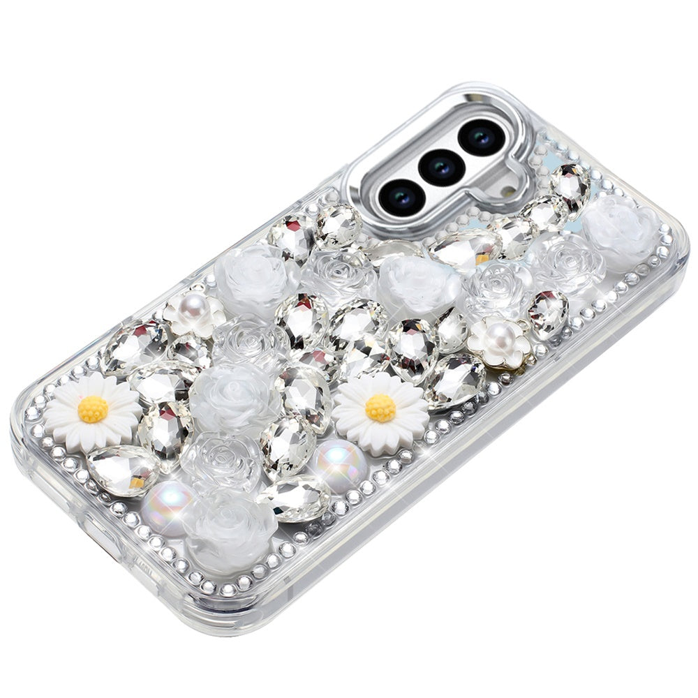 For Samsung Galaxy S25+ /S25 Plus /S24+ Plus Fashion Daisy Floral Series, Full 3D Bling Crystal Diamonds Sparkling Rhinestone Glitter Hybrid Design Case Cover