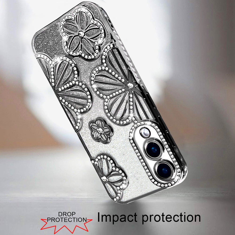 For Samsung Galaxy S25 Edge Luxury Flower Design Sparkle Glitter Diamond Rhinestone Shimmer Bling Plating Thick TPU Hard PC Case Cover