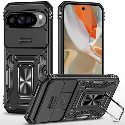 For Google Pixel 10 Pro XL Tough Hybrid Case with Movable Camera Window & Metal Ring Stand Shockproof Case Cover
