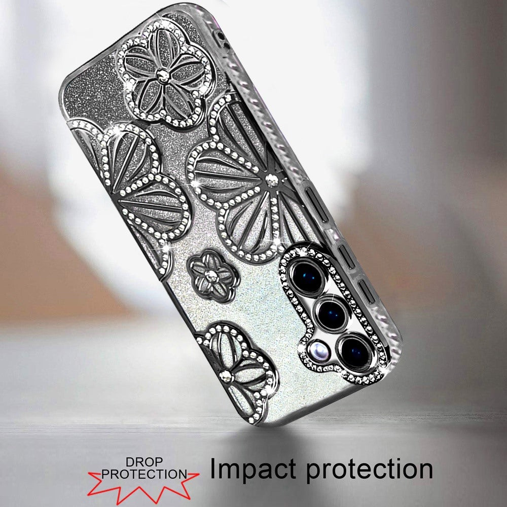 For Samsung Galaxy S26+ / S26 Plus Luxury Flower Design Sparkle Glitter Diamond Rhinestone Shimmer Bling Plating Thick TPU Hard PC Case Cover