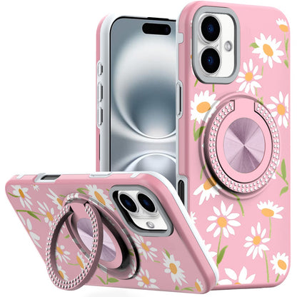 For iPhone 16 (6.1") Pattern Design Hybrid with Invisible Ring Stand & Magnetic Back, Shockproof Protective Grip Case Cover