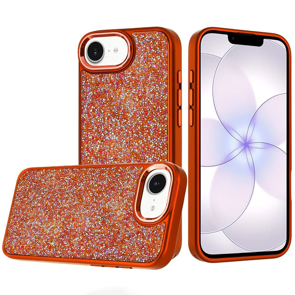 Phone Case for Apple iPhone 17E /16E Crystal Glass Bling Diamond Metallic Edge Shockproof Durable Protective Clear Hybrid Stylish Premium Design Cover Cosmic Orange