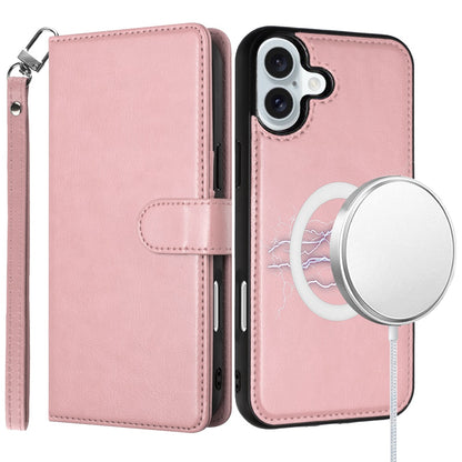 For Apple iPhone 16 (6.1") Deattachable PU Leather Hybrid Wallet Money Credit Card Holder Support Magsafe Charger Case Cover Rose Gold