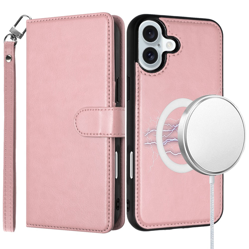For Apple iPhone 16 Pro (6.3") Deattachable PU Leather Hybrid Wallet Money Credit Card Holder Support Magsafe Charger Case Cover Rose Gold