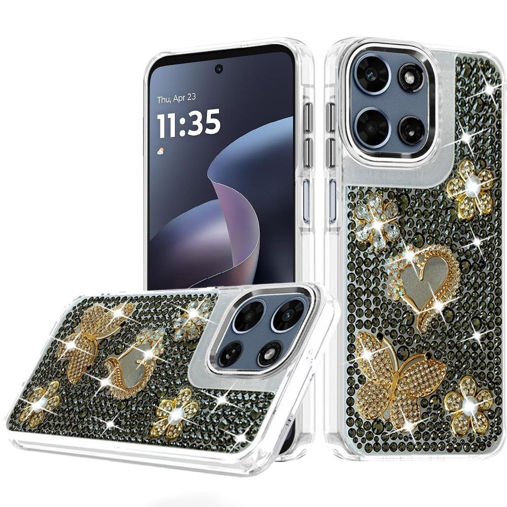Phone Case for Motorola Moto G Play 5G 2026 Luxury Crystal Butterfly Floral Jeweled Heart Full Diamond Design, Sparkling Decorative Details, Elegant Style Cover Black