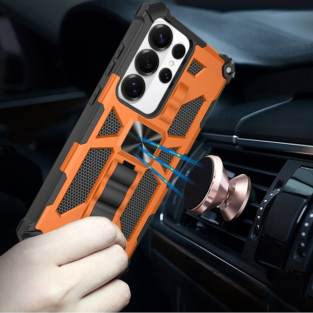 For Samsung Galaxy S25 Ultra Hybrid Shockproof [Military Grade] Rugged Protective with Magnetic Car Mount & Invisible Stand Case Cover Cosmic Orange