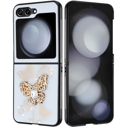 For Samsung Galaxy Z Flip 7 FE Diamonds 3D Butterfly Bling Sparkly Glitter Ornaments Engraving Hybrid Metal Fashion Case Cover White Garden Butterflies