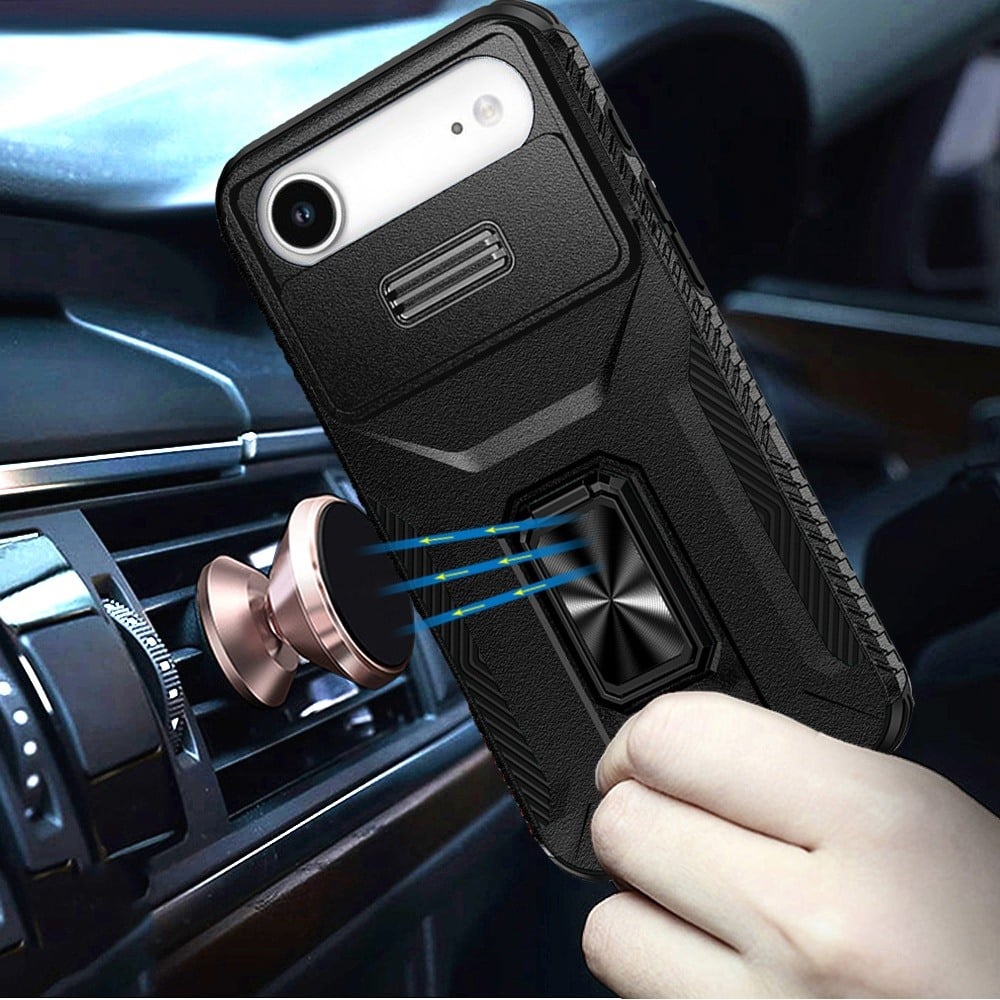 For Apple iPhone 17 Air (6.6") Wallet Case with Ring Stand & Slide Camera Cover Back Credit Card Slot Holder, Military Grade Case Cover