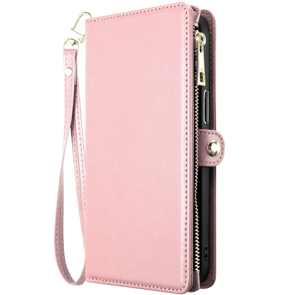 For Apple iPhone SE 4 Wallet Purse Stylish Design with Credit Card & ID Slots, Durable Zipper Storage, Adjustable Lanyard Case Cover Rose Gold