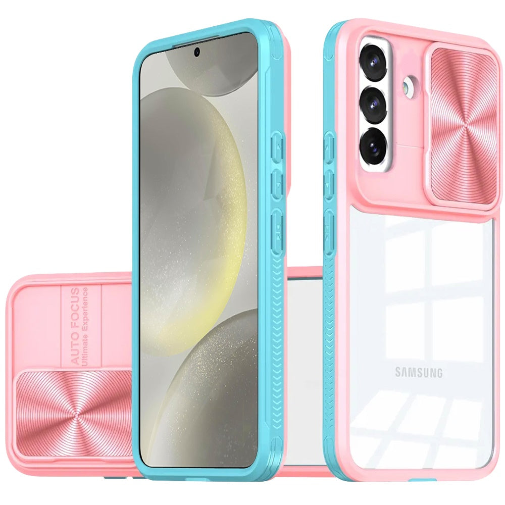 For Samsung Galaxy S25 /S24 Hybrid Cases with Sliding Camera Cover Transparent Shockproof Bumper TPU Protective Case Cover Pink/Blue