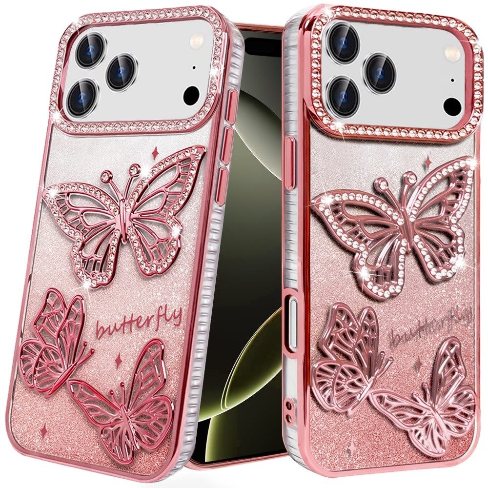 Phone Case for Apple iPhone 17 Pro Max Butterfly Freedom Shimmer Glitter Thick TPU Shockproof Anti Slip Durable Protective Design Cover Gold