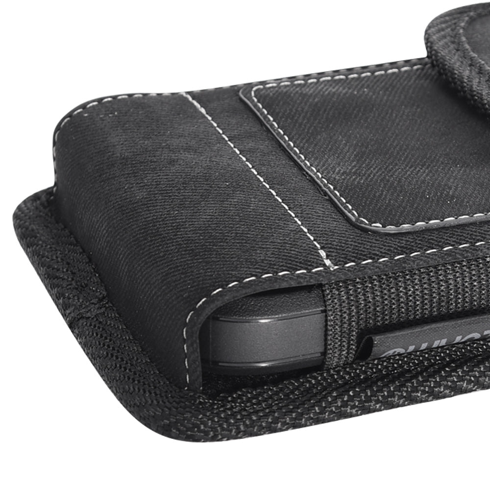 For Apple iPhone 16 Pro (6.3") Universal Vertical Denim Fabric Case Holster with 2 Card Slots, Pen Holder, Belt Clip Loop & Hook Carrying Large Phone Pouch [Black Denim]