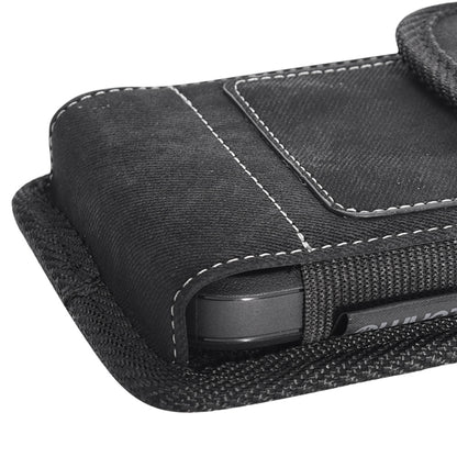 For Apple iPhone 16 Pro (6.3") Universal Vertical Denim Fabric Case Holster with 2 Card Slots, Pen Holder, Belt Clip Loop & Hook Carrying Large Phone Pouch [Black Denim]
