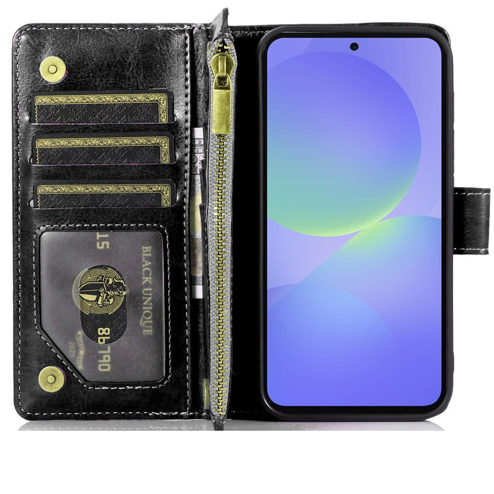 For Samsung Galaxy A37 Leather Wallet Case with Zipper, 9 Card Slots, Cash Pocket, Stand & Strap, Clutch Pouch Design Case Cover Black