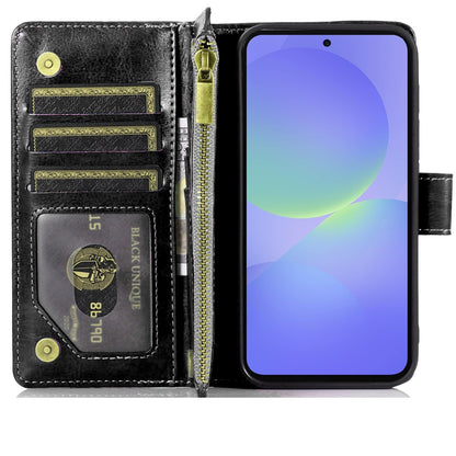 For Samsung Galaxy A57 Leather Wallet Case with Zipper, 9 Card Slots, Cash Pocket, Stand & Strap, Clutch Pouch Design Case Cover Black