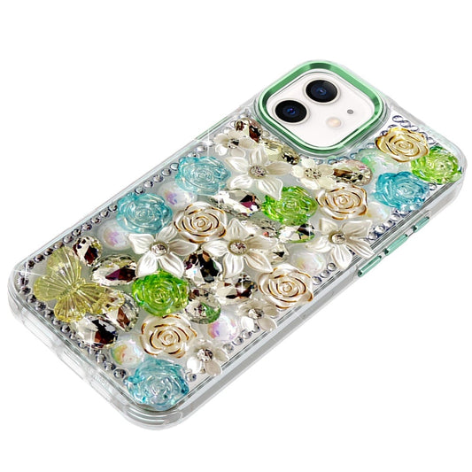 For iPhone 12 / iPhone 12 Pro (6.1") 3D Diamond Floral Roses Flower Bling Stone Hybrid, Sparkly Rhinestone Gemstone Back Shockproof Case Cover Green