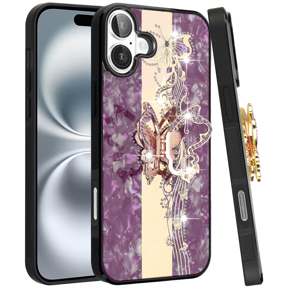 Diamond Glitter Butterfly Engraved Ring Stand Luxury Bling Hybrid Shockproof Chrome Edge Protective Durable Grip
