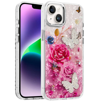 Phone Case for Apple iPhone 14 /iPhone 13 Glitter Butterfly Design Metal Buttons Shockproof Hybrid TPU + PC Durable Protective Slim Grip Stylish Cover
