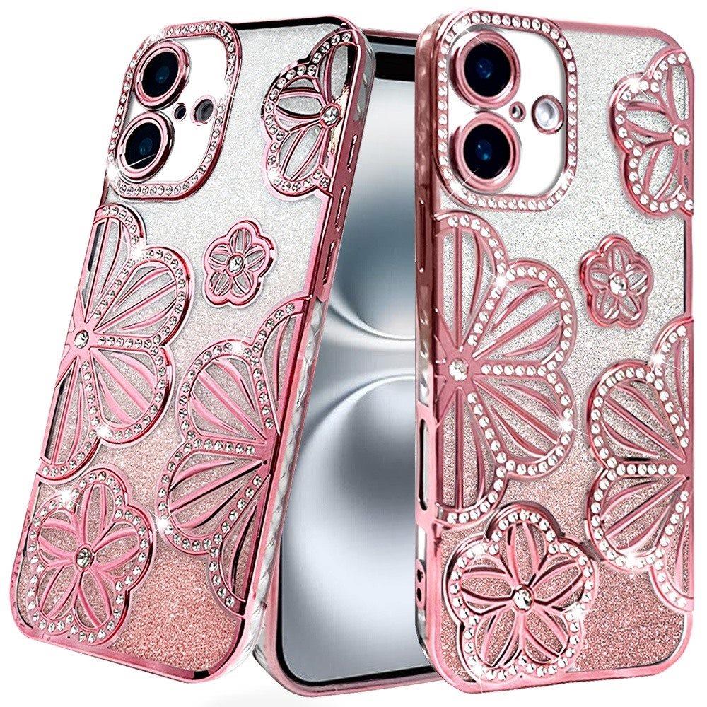 Phone Case for Apple iPhone 16 Shimmer Glitter Floral Thick TPU Shockproof Durable Grip Camera Protection Anti-Scratch Stylish Design Cover Gold
