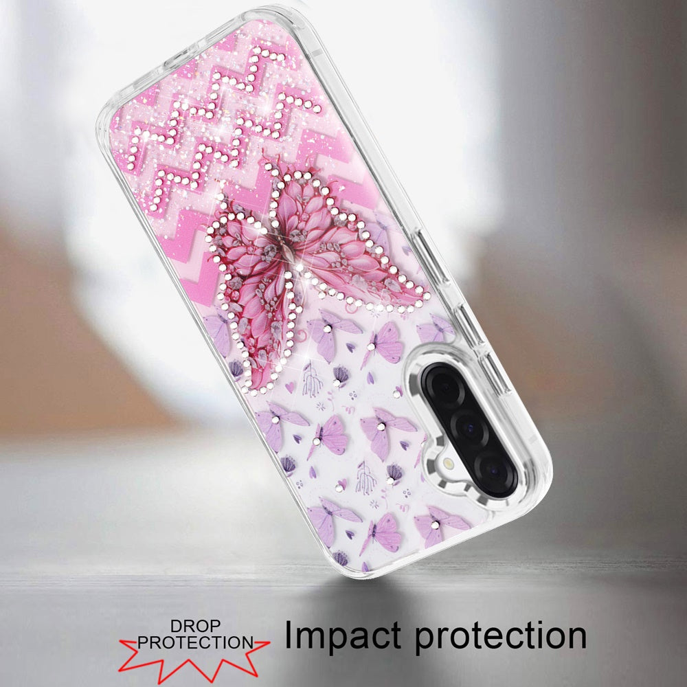 For Samsung Galaxy A37 Butterfly Resin Epoxy Diamond Design Metal Edged Hybrid Shockproof Heavy Duty Drop Protection Case Cover