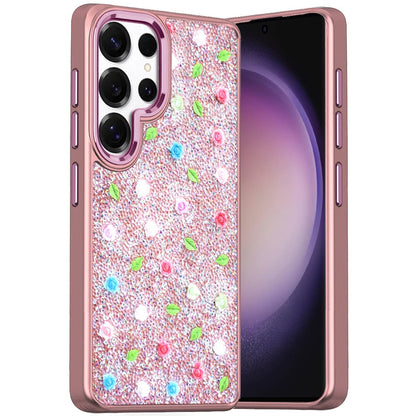 For Samsung Galaxy S24 Ultra Floral Design Embedded Glass Diamond Fancy Fashion Glitter Bling Sparkly Hybrid Rugged TPU Bumper Case Cover