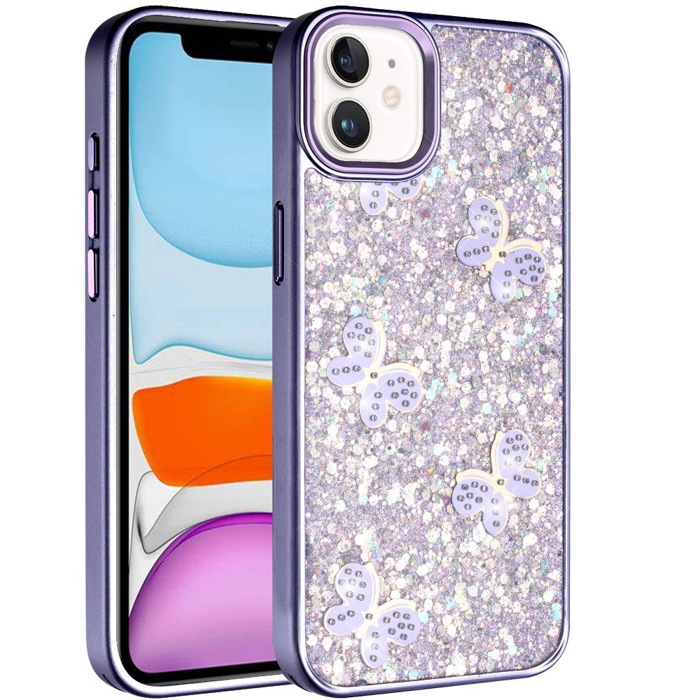 Phone Case for Apple iPhone 11 Cute Butterfly Diamond Glitter Metallic Hybrid Shockproof Shimmer Grip Stylish Protective Luxury Designer Cover Dark Purple