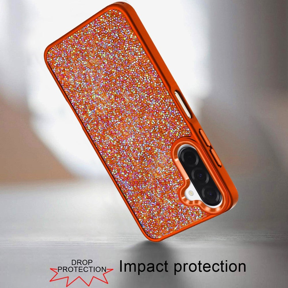 Phone Case for Samsung Galaxy A17 5G Crystal Glass Bling Diamond Metallic Edge Shockproof Durable Protective Clear Hybrid Stylish Premium Design Cover Cosmic Orange