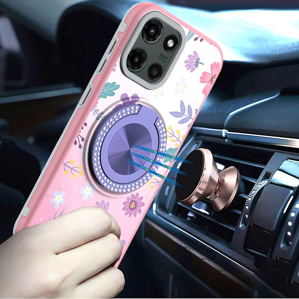 For Motorola Moto G Stylus 5G 2025 Pattern Design Hybrid with Invisible Ring Stand & Magnetic Back, Shockproof Protective Grip Case Cover