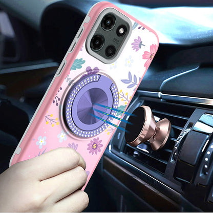 For Motorola Moto G 5G 2025 Pattern Design Hybrid with Invisible Ring Stand & Magnetic Back, Shockproof Protective Grip Case Cover