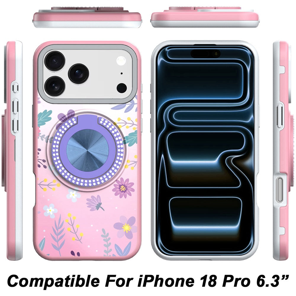Phone Case for Apple iPhone 18 Pro Magnetic Ring Stand Matte Metal Hybrid Car Mount Friendly Shockproof Rotational Grip Diamond Design Pattern Cover