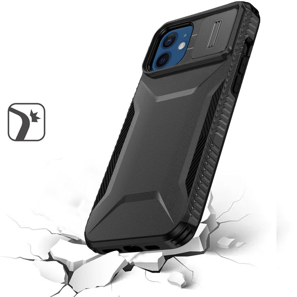 For Apple iPhone 12 /12 Pro Slim Fit Shockproof Hybrid with Slide Camera Window Covering, Rugged Tpu Silicone Hard PC Bumper Case Cover