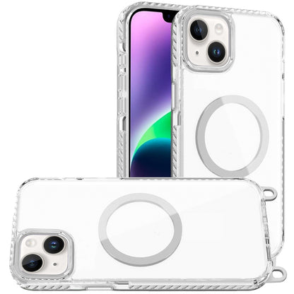 For iPhone 14/13 (6.1") Clear Magnetic Frame PC Back Shockproof Protective Case with Detachable Lanyard Strap, Compatible with MagSafe Case Cover White