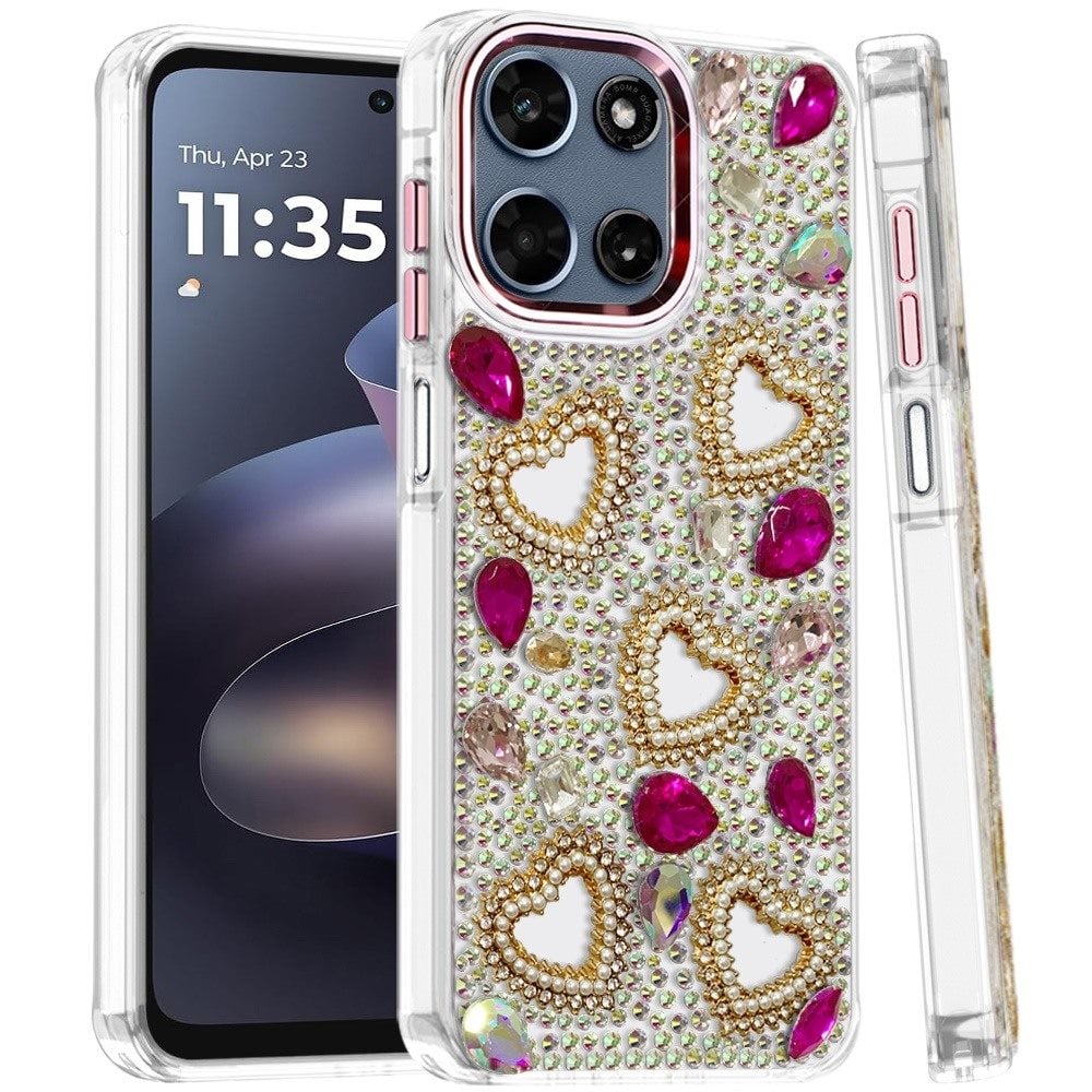Phone Case for Motorola Moto G Play 5G 2026 Luxury Crystal Heart Rhinestone Diamond Bling Shockproof Hybrid Glitter Protective Stylish Durable Grip Cover